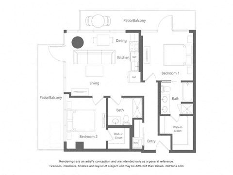 Floor plan for 2 beds, 2 baths, 1037 sqft